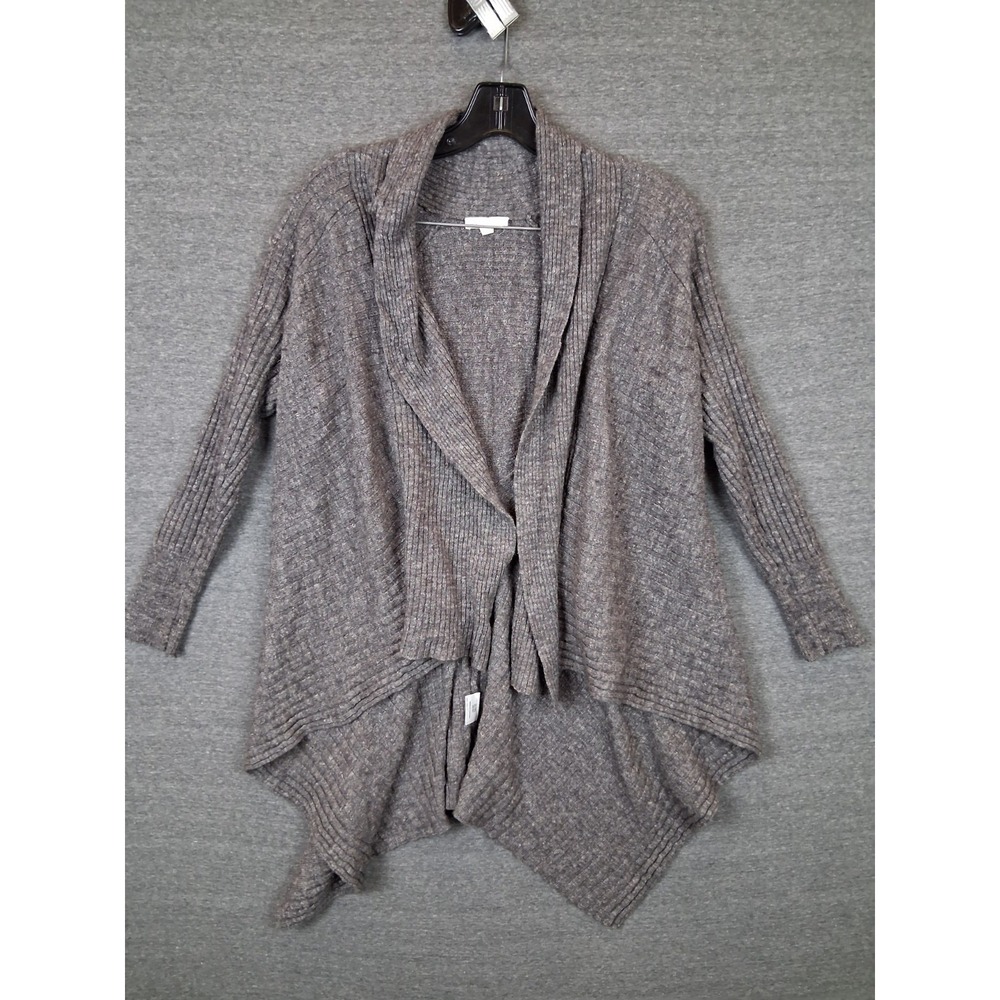 Eileen‎ Fisher Womens Sweater L Gray Ribbed Waterfall Cardigan Silk Wool Linen